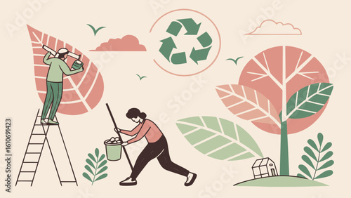 Eco friendly living and sustainable lifestyle illustration promoting recycling and environmental awareness concept