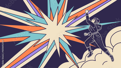 Empowered woman superhero illustration with retro burst background for graphic design and social media content