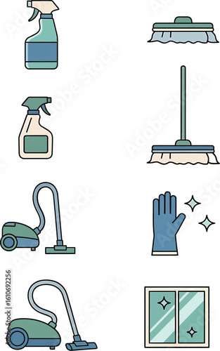 Collection of flat design icons representing various cleaning supplies and equipment for a spotless home or professional service