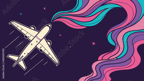 Airplane flight travel illustration with colorful smoke trails and stars in dark sky design vector