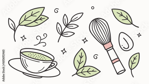 Matcha green tea preparation with whisk and leaves for healthy lifestyle and wellness vector illustration