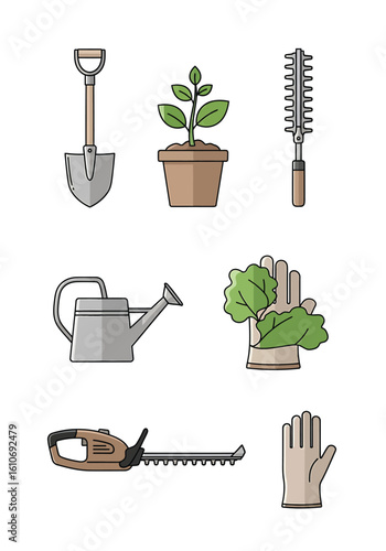 Collection of gardening tools including shovel, plant, hedge trimmer, watering can, and gloves.