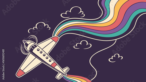 Retro airplane flying with rainbow smoke trail vector illustration design for travel and adventure theme art