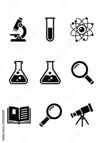 Collection of black and white science icons, representing laboratory equipment and concepts.