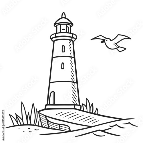 a lighthouse with a bird flying