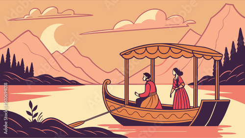 Romantic kashmir shikara boat ride on dal lake vector illustration travel tourism vacation scenery landscape 100