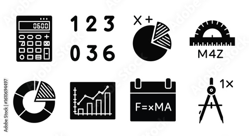 Collection of mathematical and scientific icons, representing calculations and data analysis.