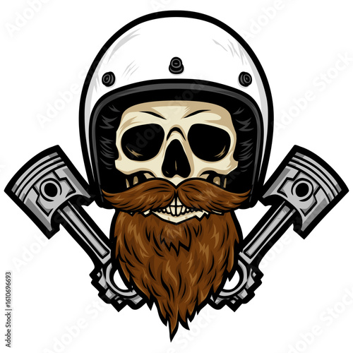 Skull Bearded Wearing Helmet Crossed Pistons Vintage Retro Motorcycle Biker Vector Illustration
