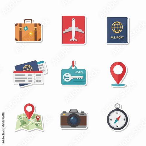 Flat design travel icons: suitcase, passport, tickets, map, camera, compass, hotel keycard.