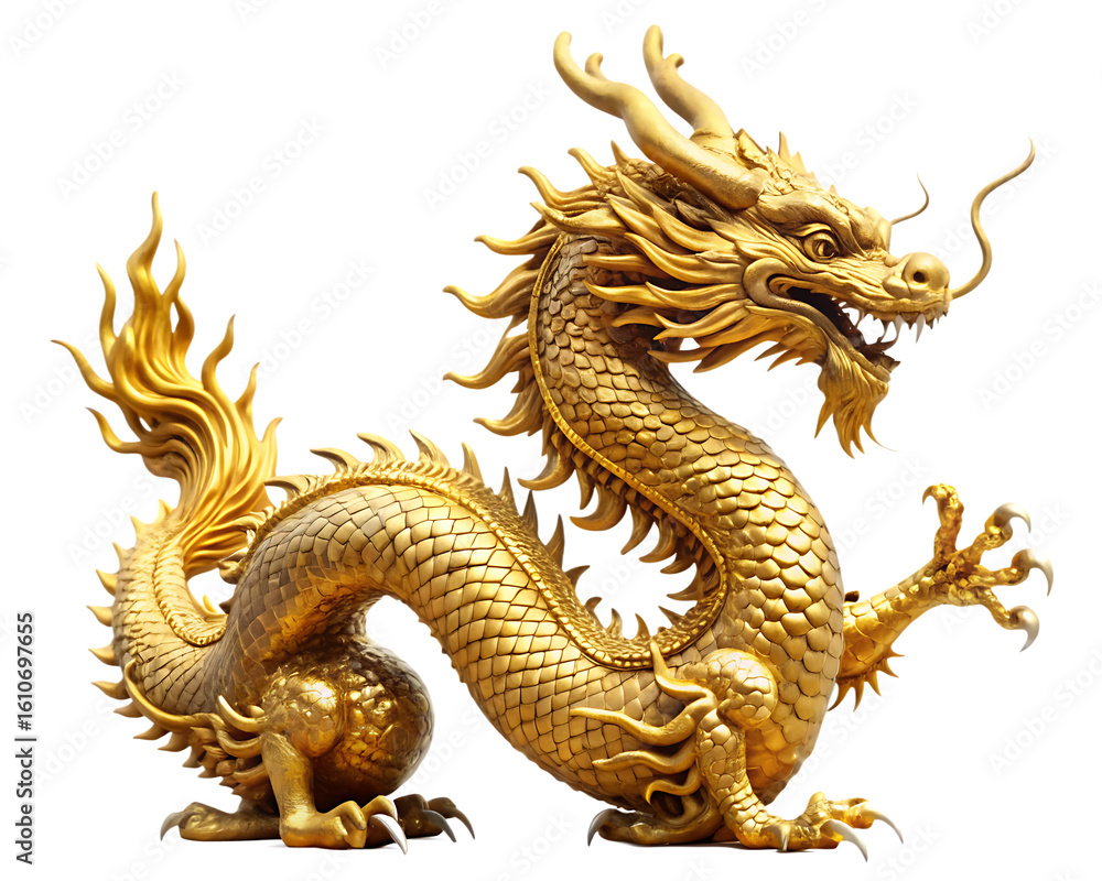 Fototapeta premium Chinese golden dragon statue isolated on white background,PNG.AI Generated.