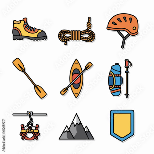 A colorful collection of flat icons representing various outdoor adventure sports and equipment.