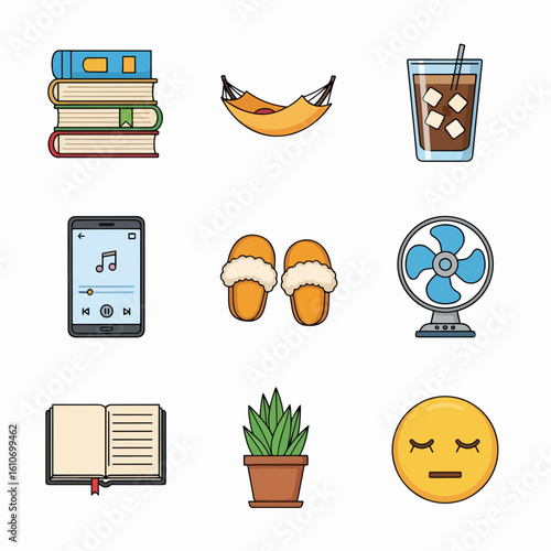 A collection of cozy and relaxing items, including a stack of books, a hammock, a cold drink, a smartphone with music, slippers, a fan, an open book, a potte...