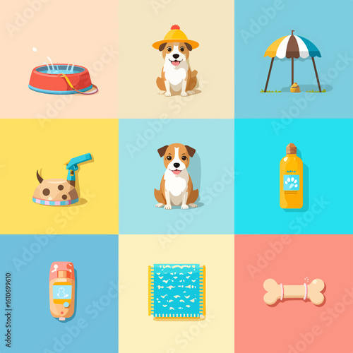 A collection of cute cartoon illustrations featuring a dog, its accessories, and items related to pet care and outdoor activities.