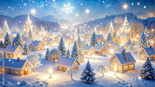 クリスマス　雪景色の夜の街