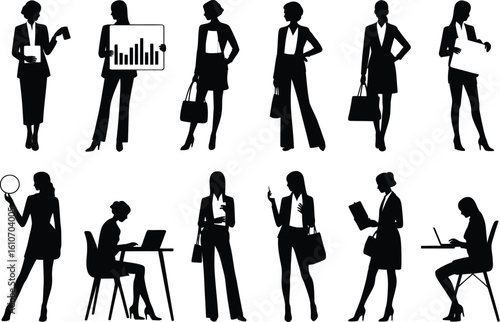Businesswomen silhouettes with various poses and actions