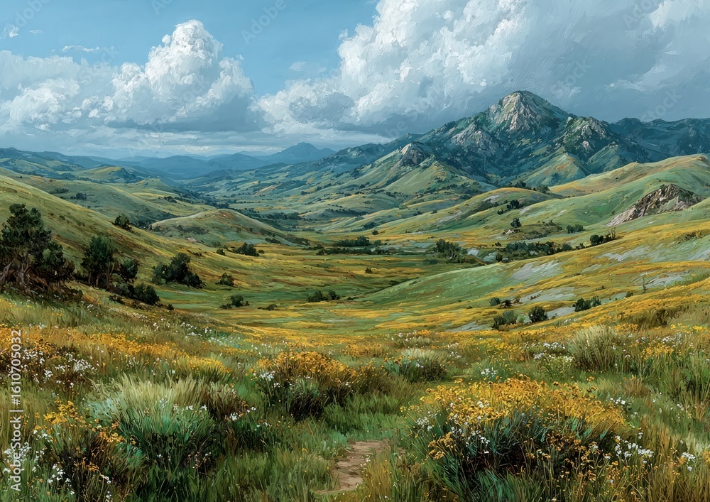 Fototapeta premium A tranquil landscape with rolling hills and wildflowers, embodying growth and perseverance