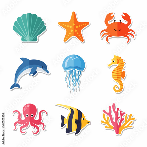 Colorful flat-design icons of ocean life:  seashells, starfish, crab, dolphin, jellyfish, seahorse, octopus, angelfish, coral.