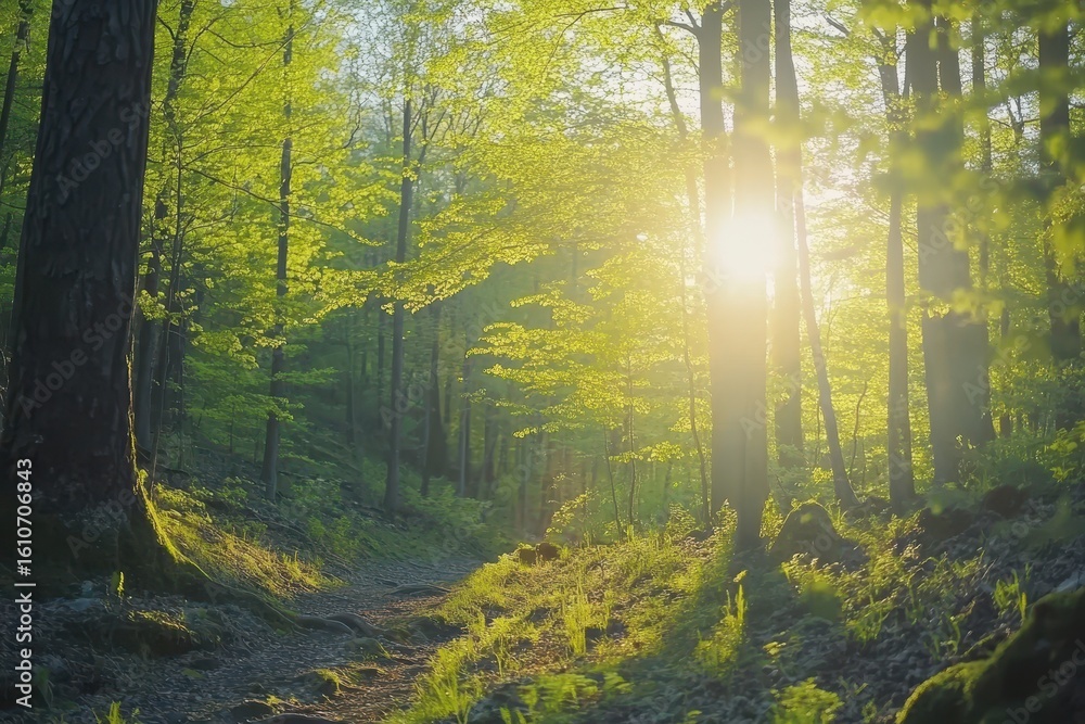 Fototapeta premium Vivid shades of green in a spring beech forest at sunrise creating a serene nature experience, Spring beech forest in vivid shades of fresh green illuminated by beautiful warm sun, gimbal shot