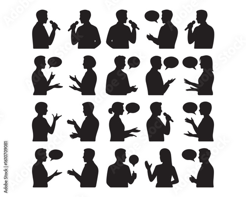 Silhouette illustrations of people speaking with speech bubbles and microphones in various poses