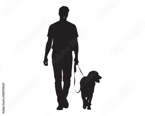 Silhouette of a man walking a dog on a leash in black and white on a plain white background image