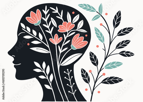 Black head silhouette with coral flowers and leaves