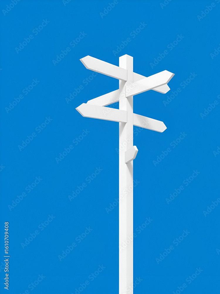 Minimalist image of a white signpost with multiple directional arrows against a blue background, symbolizing choice and direction in travel or decision making. Minimalist image of a white signpost with multiple directional arrows against a blue background, symbolizing choice and direction in travel or decision making.