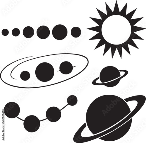 Solar System Icons Black and White Featuring Planets, Sun, and Celestial Objects