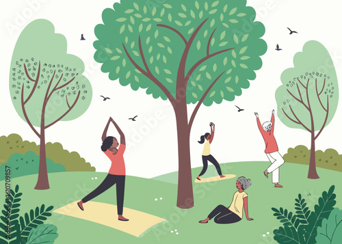 Diverse people practicing yoga outdoors in a park vector 1