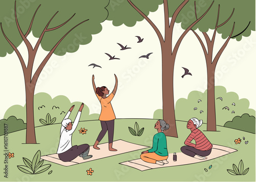 Diverse people practicing yoga outdoors under trees