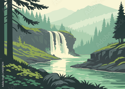 Wide waterfall cascading into a serene river surrounded by pine forests and mountains