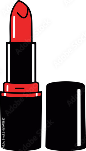 Charming Red Lipstick Illustration Open and Ready to Use with a Distinct Black Container and Elegant Design