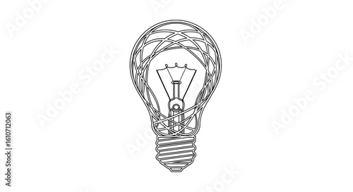 A detailed line drawing of a light bulb with a complex, decorative filament and bulb structure.