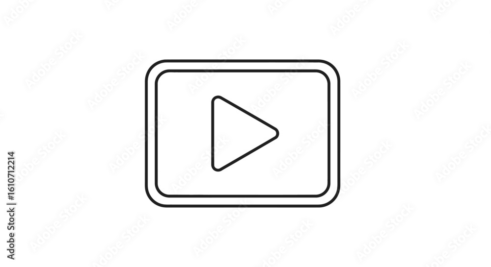Simple black outline play button icon in a rectangular video player frame. Simple black outline play button icon in a rectangular video player frame.
