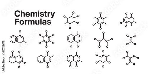 Collection of various chemistry formulas and molecular structures in black and white illustration