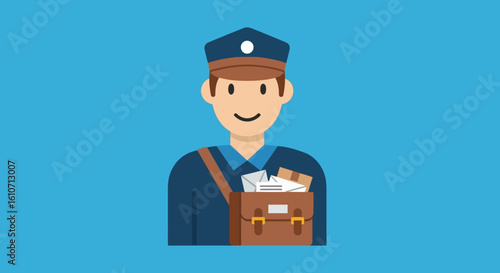 A smiling postman, in uniform, carries a satchel full of mail.