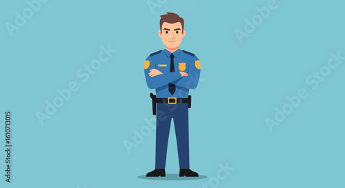 Serious police officer stands with arms crossed, displaying authority and preparedness.