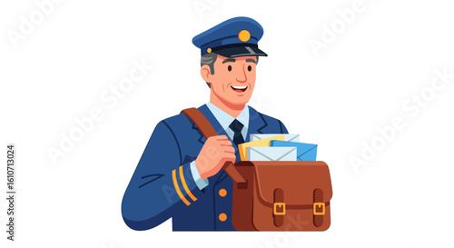 A friendly postal worker, smiling, carries a satchel full of mail, ready for delivery.