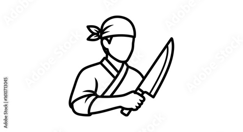 Line drawing of a chef holding a large knife, ready to prepare food.