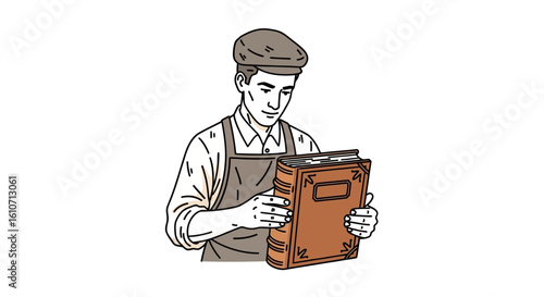 A craftsman meticulously examines a large, antique book, carefully inspecting its pages.