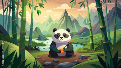 A panda munches bamboo calmly in a misty mountain forest in central China