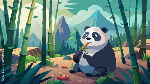 A panda munches bamboo calmly in a misty mountain forest in central China