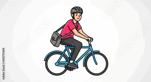A young person commutes on a bicycle, wearing a helmet and carrying a messenger bag.