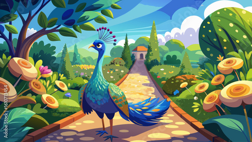 A peacock struts confidently across a garden path, tail feathers shimmering in bright sunlight