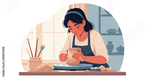 A woman carefully shapes clay on a pottery wheel, crafting a vase.