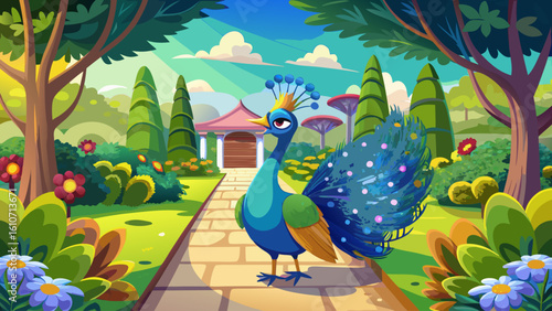 A peacock struts confidently across a garden path, tail feathers shimmering in bright sunlight