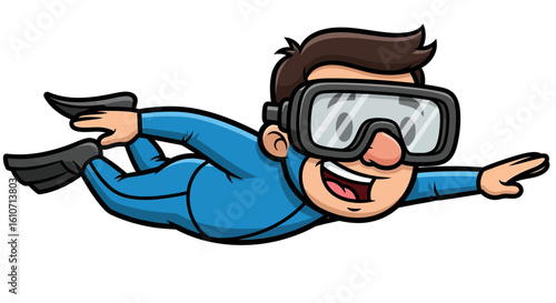 Cartoon illustration of a smiling person wearing scuba gear, swimming.