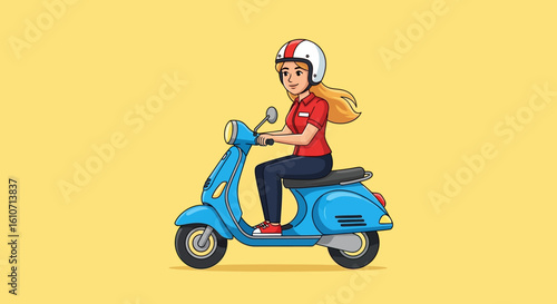 A woman with blonde hair wearing a helmet and red shirt riding a blue scooter on a yellow background.