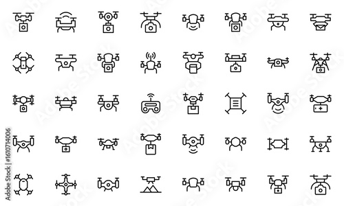 Drone Technology outline icon set. Contains linear outline icons like Quadrocopter, Propeller, Remote Control, Radar, Camera, Battery, Delivery, Copter.