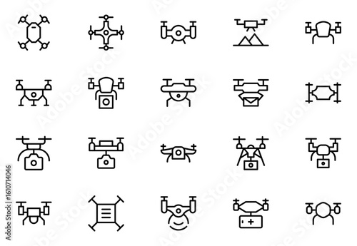 Drone Technology outline icon set. Contains linear outline icons like Quadrocopter, Propeller, Remote Control, Radar, Camera, Battery, Delivery, Copter.
