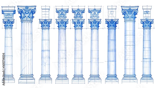 Blueprint-style illustration of various classical columns